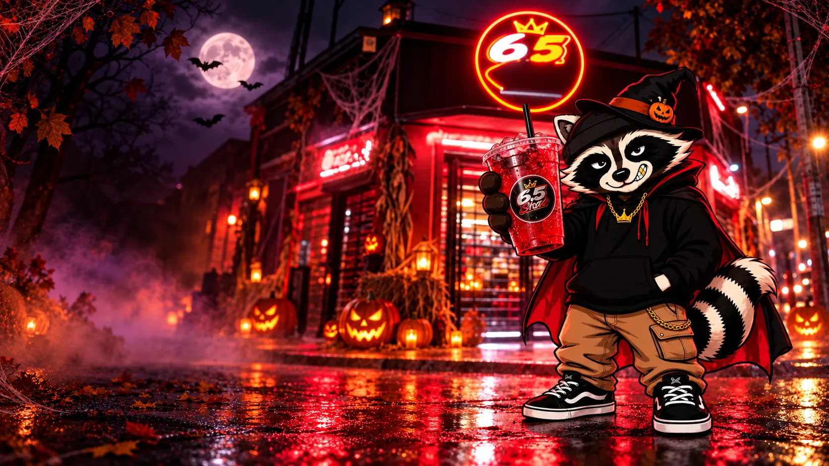 Rocco disfrazado de vampiro frente al local de 6.5 Store decorado para Halloween